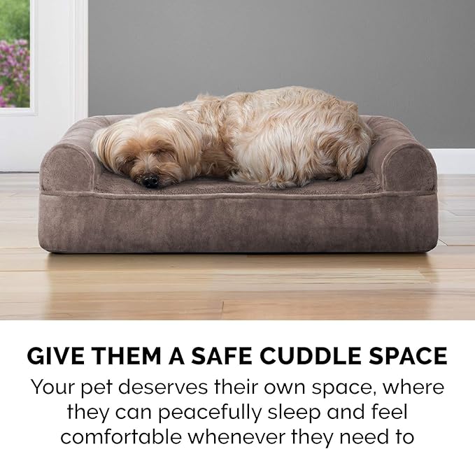 Furhaven Cooling Gel Dog Bed for Large/Medium Dogs w/ Removable Bolsters & Washable Cover, For Dogs Up to 55 lbs - Faux Fur & Velvet Sofa - Driftwood Brown, Large-PawvioPets
