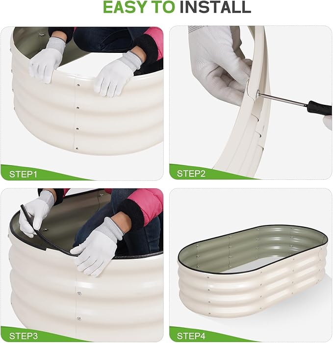 Galvanized Raised Garden Bed Outdoor - 4×2×1ft Planter Raised Beds for Gardening | Oval Metal Garden Planter Box with Safety Edging and Gloves for Vegetables Fruits and Flowers - White-PawvioPets