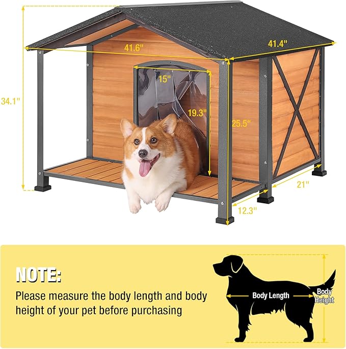 Aivituvin Dog House with Anti-Chewing Metal Frame Outdoor Large Wooden Dog Kennel Outside with Overhang Roof Large Porch Weatherproof-PawvioPets