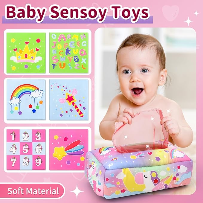 3 in1 Baby Toys 12 to 18 Months - Busy Board Sensory Toys, Tissue Box Toy, Pull String Teether, Learning Toy for Babies, Infant Gifts for 12 18 Months Old-PawvioPets