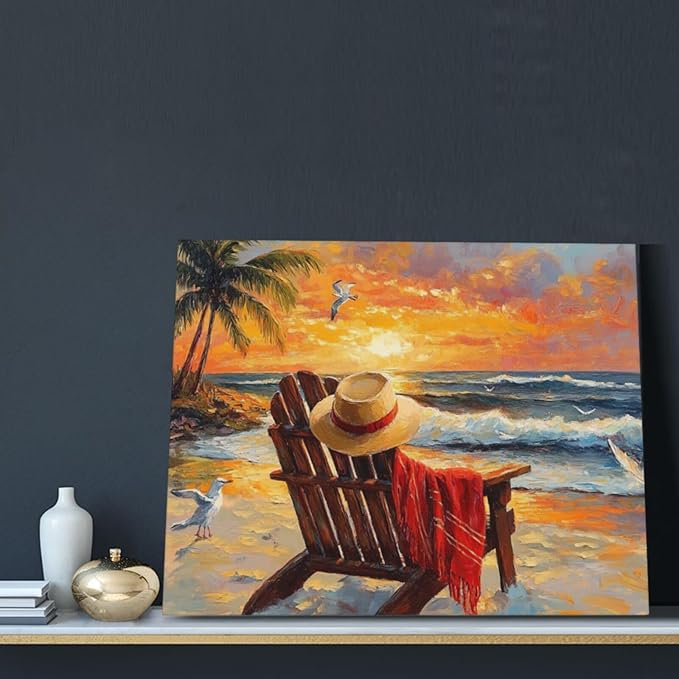 Beach Coastal Bathroom Pictures Wall Art, Seaside Ocean Bathroom Wall Decor, Sunrise Palm Framed Painting Canvas Artwork for Bedroom Living Room Decorations 20"L x 16"W-PawvioPets