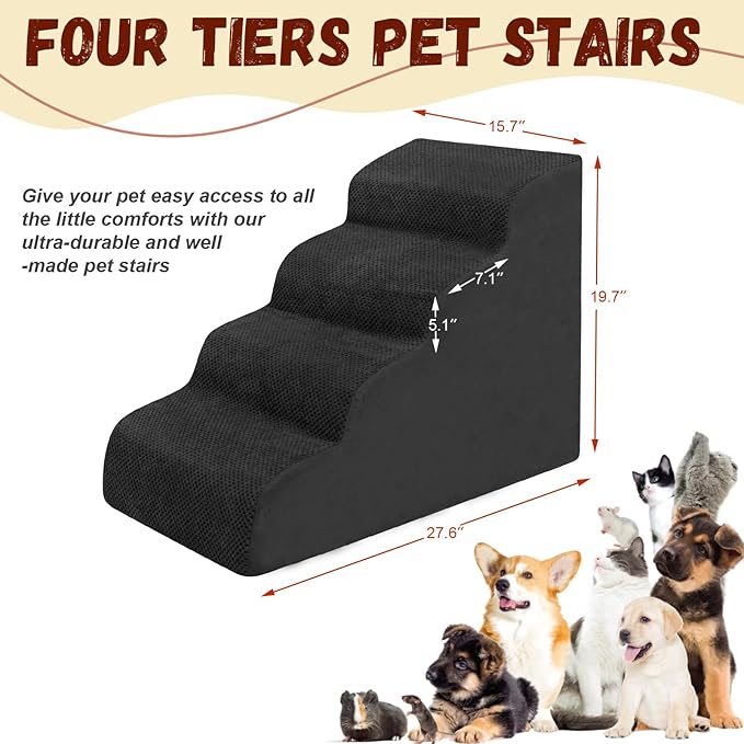 Dog Stairs for Small Dogs - High Density Foam Pet Steps, Extra Wide Dog Ramp with Non-Slip Bottom for High Beds, Couch and Sofa, Best for Dogs Injured, Older Doggy Cats, 4 Steps, Black-PawvioPets