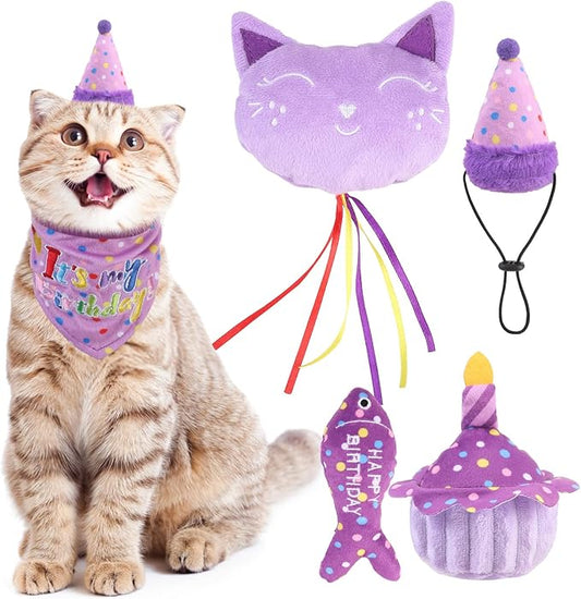 BINGPET Cat Birthday Catnip Toys for Indoor Cats,Cat Birthday Hat,Bandana and Cat Birthday Cake Interactive Plush Kitten Chew Toys,Cute Fish,Balloon Toys with Crinkle Paper and Catnip Inside(Purple)-PawvioPets