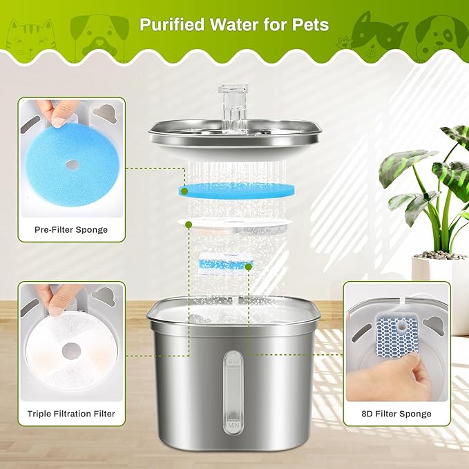 5 Set Cat Water Fountain Filter Replacement for Square 2.2L/73oz Stainless Steel Cat Fountain, ZEKIRY Pet Fountain Filter, Triple Filtration Replacement Filters(5 Filter, 5 Sponge, 5 8D Sponge)-PawvioPets