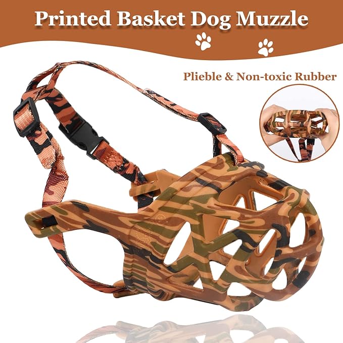 Dog Muzzle, Printed Basket Muzzle for Small Medium Large Dogs Dachshund, Beagle, German Shepherd, Breathable Pet Muzzles to Prevent Biting Chewing Scavenging, Allows Panting and Drinking-PawvioPets