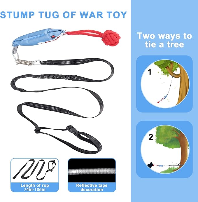 Dog Tree Tug of War Toy with Handles,Tethered Tug of War Outdoor Toy with Squeaky Self Play for Aggressive Chewers, Durable Bungee Cord with Chew Ball-PawvioPets