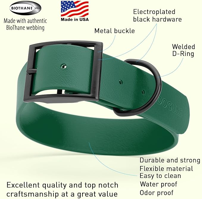 Dogline Biothane Waterproof Dog Collar Strong Coated Nylon Webbing with Black Hardware Odor- Proof for Easy Care Easy to Clean High Performance Fits Small Medium or Large Dogs, Hunter Green-PawvioPets