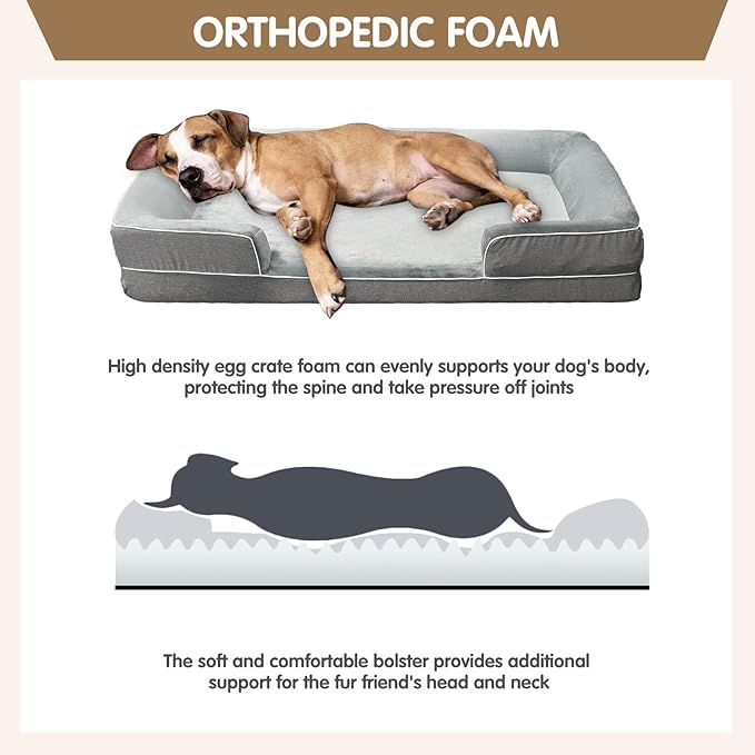 Dog Beds for Large Sized Dogs,Washable Orthopedic Memory Foam Dog Couch Sofa Bed with Bolster,Removable Cover,42x30Inch,Grey-PawvioPets