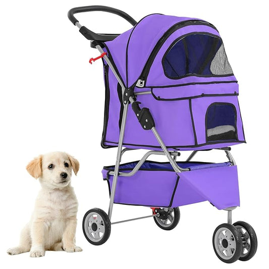 Foldable Pet Stroller,Dog Stroller with 3 Wheel,Pet Strolling Cart,Dog Travel Carrier with Storage Basket and Cup Holder for Dog Puppy,Purple-PawvioPets
