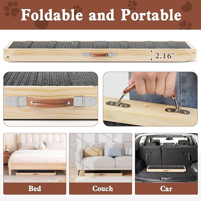 Dog Ramp for Bed, Couch, Car, Folding Pet Ramps 44.48" Long Adjustable 15"-22" Wooden Stairs with High Traction Mat & Safety Side Rails for Small & Medium Old Dogs & Cats, up to 200 lbs-PawvioPets