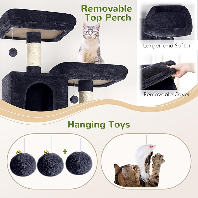 Globlazer Cat Tree Tower, 76-Inch Extra Tall Multi-Level Cat Furniture with Cozy Condos, Hammock and Perches for Adult Cats, Perfect for Climbing, Scratching, and Play, F76, Dark Grey-PawvioPets