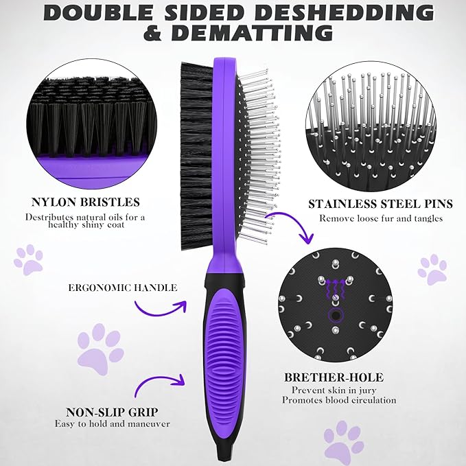 2PCS Pet Grooming Tools - Double-Sided Brush for Shedding and Bathing, Suitable for Short/Long Haired Dogs Cats and Horses, Deshedding Dog Brush, Mane & Tail Combs for Horses - Pet Supplies (Purple)-PawvioPets