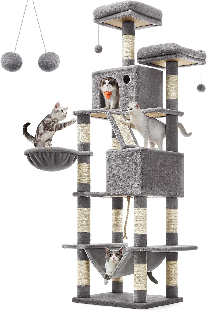 Feandrea Cat Tree, 81.1-Inch Large Cat Tower with 13 Scratching Posts, 2 Perches, 2 Caves, Basket, Hammock, Pompoms, Multi-Level Plush Cat Condo for Indoor Cats, Light Gray UPCT190W01-PawvioPets