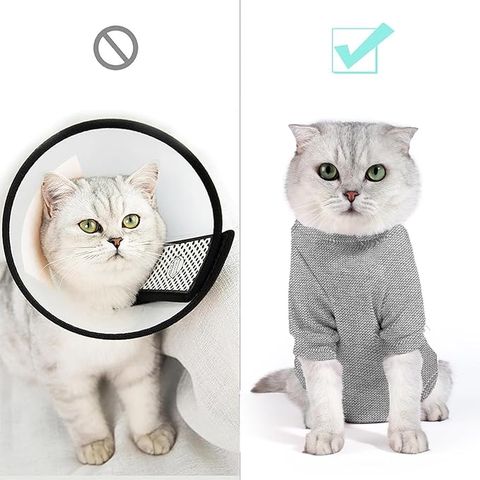 Dotoner Cat Surgery Recovery Suit for Female Male Anti-Licking Pet Surgical Pajamas Long Sleeve Prevent Shedding Cat Spay Recovery Suit&E Collar Alternative Bodysuit for Cats-PawvioPets