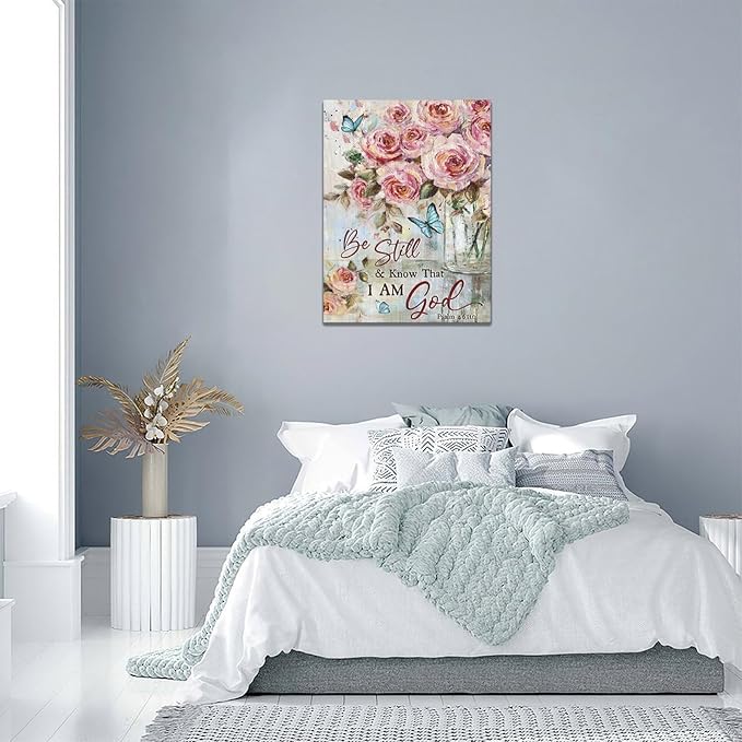 Farmhouse Rose Wall Art Christian Scripture Pictures Pink Rose Wall Decor Rustic Floral Butterfly Canvas Print Painting Artwork for Bathroom Living Room Bedroom 12"x16"-PawvioPets