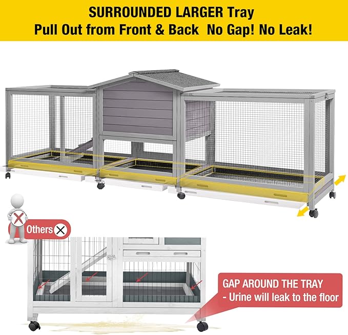 Aivituvin Rabbit Hutch 93.7" Large Rabbit Cage Indoor Outdoor Guinea Pig Cage Chicken Coop on Wheels Bunny Cage with 4 Deep No Leakage Pull Out Tray,Waterproof Roof-PawvioPets