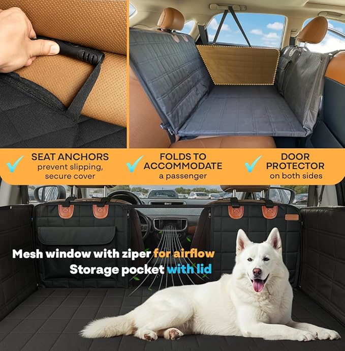 APetsPlanet Dog Car Seat Cover for Back Seat Hard Bottom - Waterproof Backseat Extender for Dogs - Pet Hammock for Car, Truck, SUV - Protector Bed with Mesh Window & Storage - Black, with Door Covers-PawvioPets