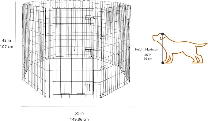 Amazon Basics Foldable Octagonal Metal Exercise Dog Playpen - Indoor/Outdoor, Single Door, Large (8 Panels, 24 x 42), Easy to assemble and store, 42" - Large, Black-PawvioPets