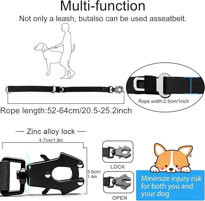 20” Strong Short Leash for Dog, Heavy Duty Bungee Dogs Leash with Padded Handle Car Seatbelt, Small Dog Training Leashs for Large or Medium Dogs - Can be Used with Other leashes (Black)-PawvioPets