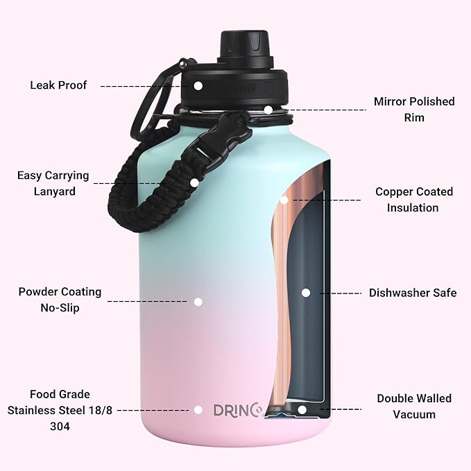 DRINCO Stainless Steel Water Bottle Spout Lid Vacuum Insulated Double Wall Water Bottle Wide Mouth (64oz 40oz 32oz 22oz 18oz 14oz) Leak Proof Keep Cold Sport Camping Hiking (64 oz, 64oz Macaron)-PawvioPets