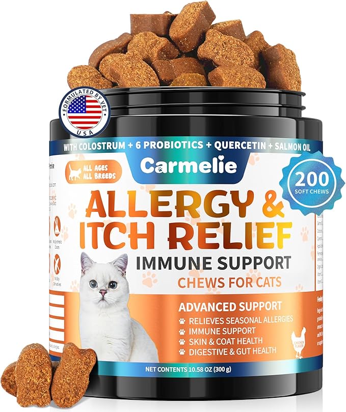 Cat Allergy Relief Chews 200 pcs - Cat Itchy Skin & Paw Licking Relief - Omega 3 & Probiotic for Cats - Anti-Itch Relief for Skin & Coat Health, Immune Support, Seasonal Allergies - Chicken Flavor-PawvioPets