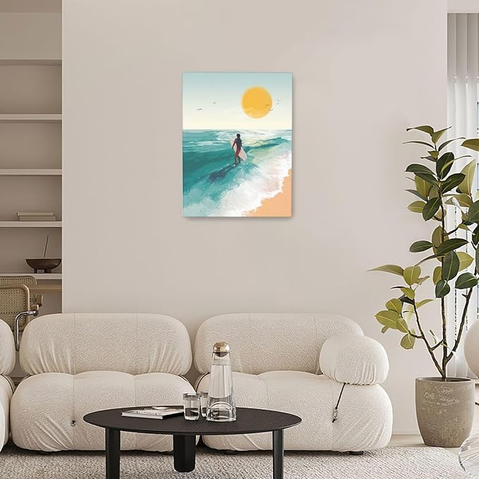 Beach Surfing Wall Art Ocean Coastal Wave Canvas Wall Decor Summer Nature Seascape Pictures Painting Print Framed Artwork Decorations for Bathroom Living Room Office Bedroom 12"x16"-PawvioPets