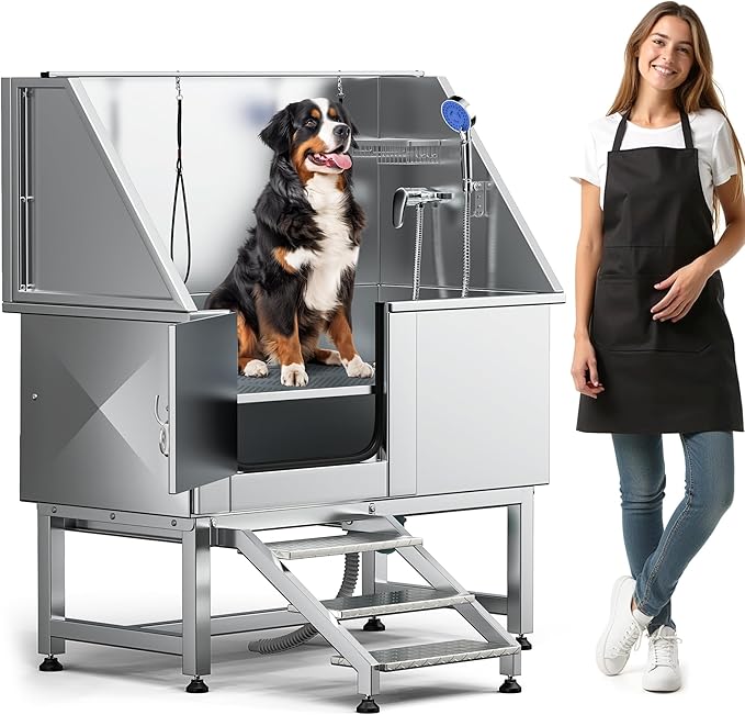 DWVO Professional Pet Dog Bathing Station for Grooming, 50'' Dog Grooming Bathtub with Left Stairs, Floor Grate, Faucet, Showerhead & Soap Holder for Large, Medium & Small Pets-PawvioPets