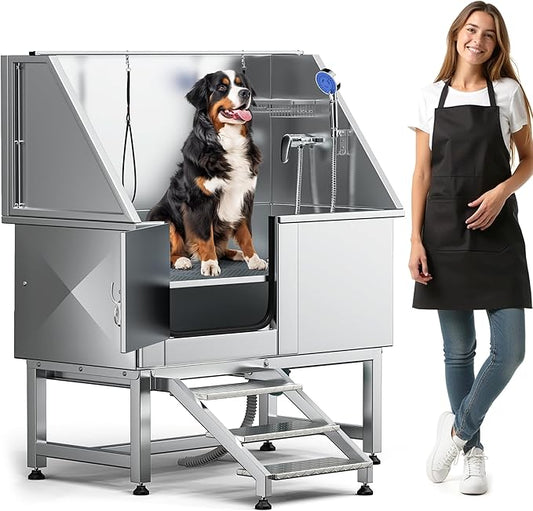 DWVO Professional Pet Dog Bathing Station for Grooming, 50'' Dog Grooming Bathtub with Left Stairs, Floor Grate, Faucet, Showerhead & Soap Holder for Large, Medium & Small Pets-PawvioPets