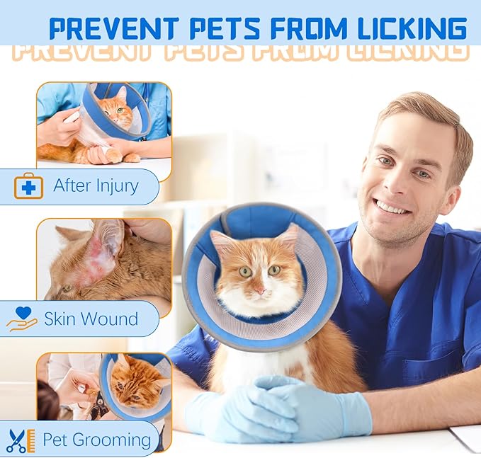 Breathable Air Mesh Cat Cone Collar Soft to Stop Licking, Adjustable, Foldable Lightweight Kitten Cones After Surgery Recovery for Cats & Kittens (Blue, S)-PawvioPets