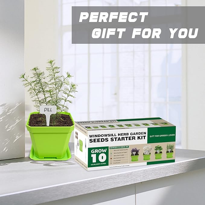 10 Herb Seeds Garden Starter Grow Kit with Green Pots, Markers, Nutritional Soil, Watering, Herb Clipper, Complete Indoor Potted Plant Growing Set for Kitchen DIY-PawvioPets