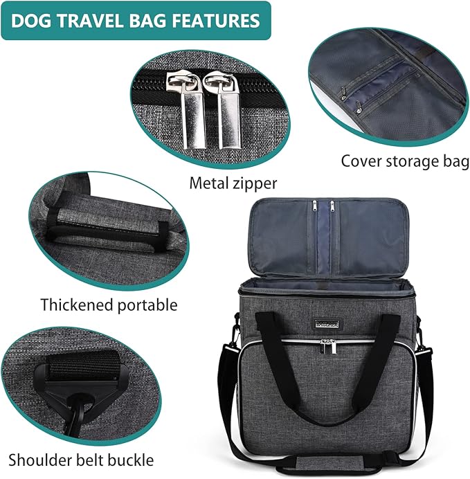 BAGLHER Dog Travel Bag, Pet Travel Bag (ALL Pet Travel Supplies), With 2 Pet Food Containers and 2 Collapsible Silicone Bowls; Essential Kits for Pet Travel Grey-PawvioPets