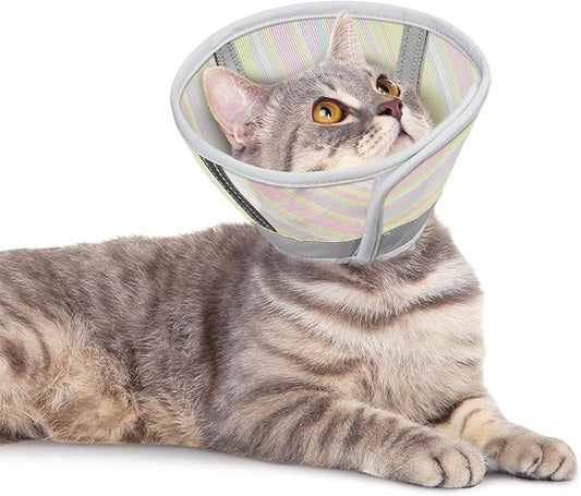 Cat Cone Collar Soft to Stop Licking Scratching, Comfortable Mesh Recovery Kitten Head After Surgery, Lightweight Waterproof Foldable Pet Cone, Donut Cone Alternative (Rainbow, L)-PawvioPets