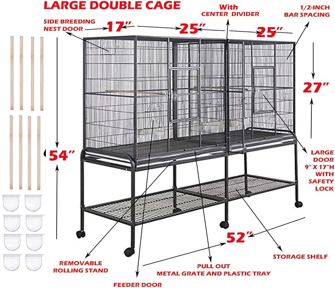 54" Large Double Birdhouse Breeder Bird Flight Cage with Center Divider Side Breeding Nest Doors Removable Rolling Stand (51" Length x 17" Depth x 54" Height, White Vein)-PawvioPets