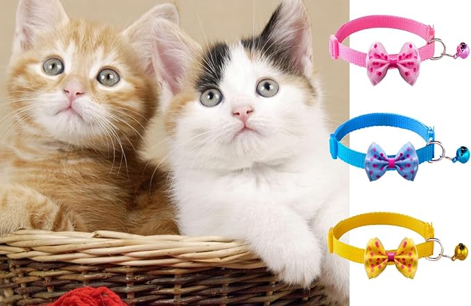 16 PCS Cute Cat Collars with Bells - Breakaway Collars for Girls & Small Kittens - Pink, Bowtie Design - Kitten Supplies-PawvioPets