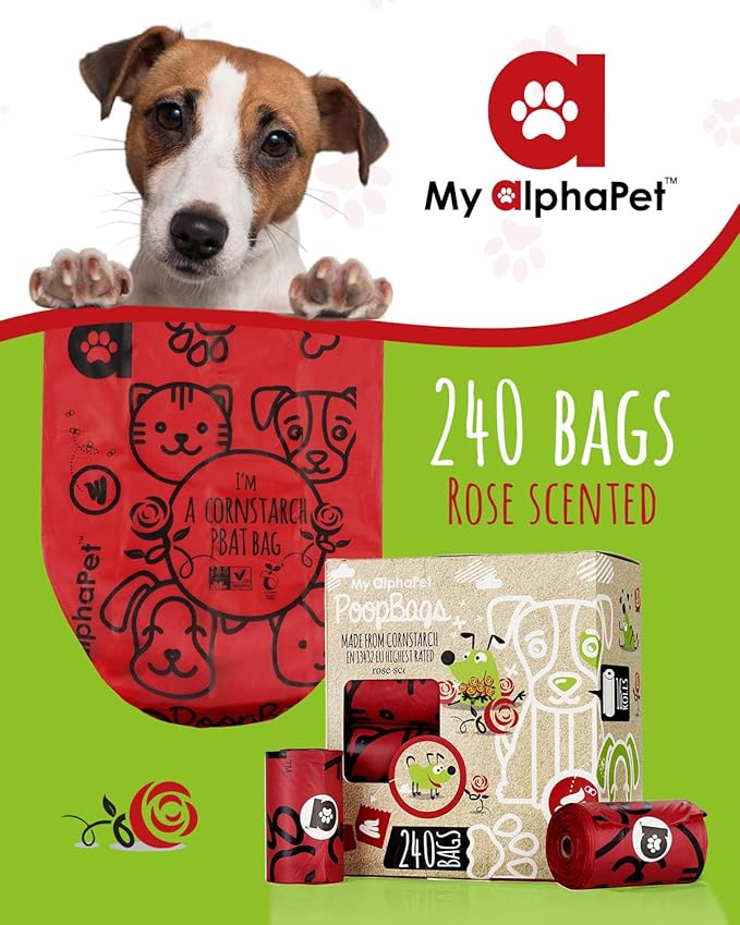 Compostable Dog Poop Bags, Cornstarch Eco-Friendly, HOME COMPOST NF T 51-800, 240 Count, Large Size Bag 9x13 Inches, 16 Unscented Refill Rolls, Leak-proof, Plantbased, GM-Free Corn (Red)-PawvioPets