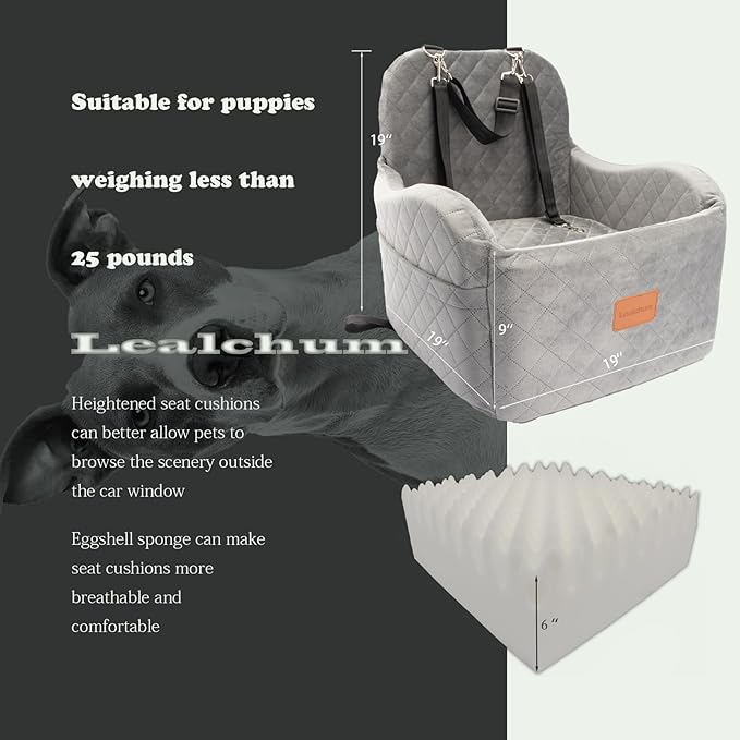 Dog Booster Car Seat for Small/Medium Dogs Up to 35lbs,Ultra Soft Fabric Covered,6in Elevated Cushion,Fully Detachable and Washable,3 Straps & 2 Pockets,Easy to Install(Grey,Medium)-PawvioPets