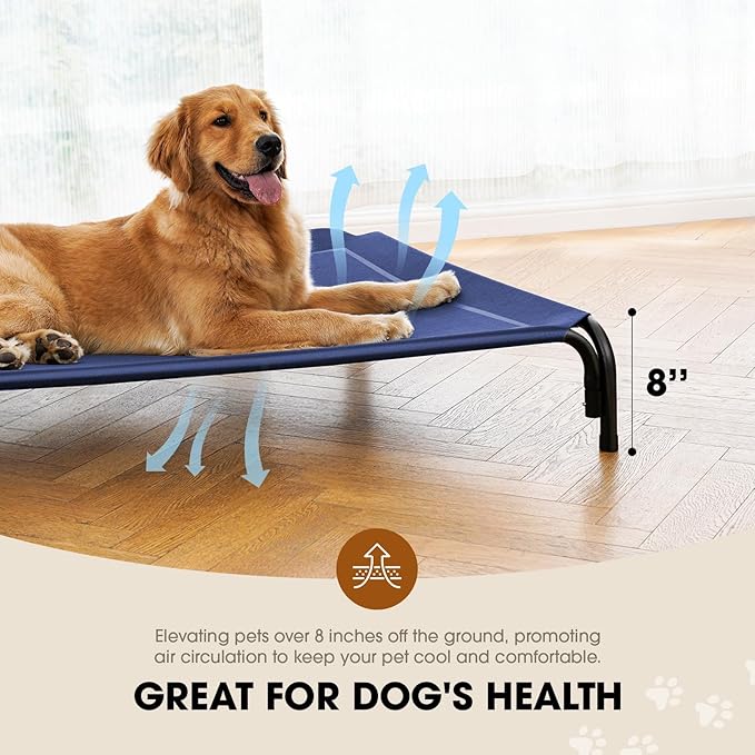 Elevated Dog Bed, Raised Outdoor Dog Bed for Large Sized Dogs, Portable Cooling Pet Cot with Breathable & Washable Mesh, Indoor & Outdoor Pet Hammock with Skid-Resistant Feet.-PawvioPets