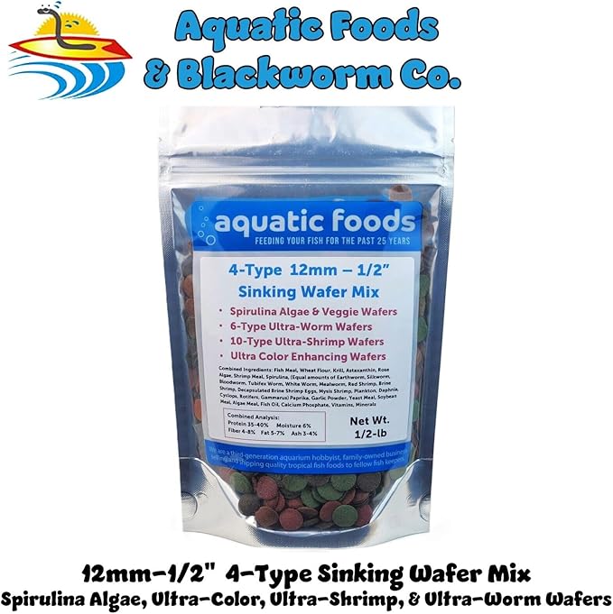 Aquatic Foods Inc. 4-Type Ultra Mix of 1/2" - 12mm Sinking Wafers, Spirulina-Algae, Worm, Shrimp, Intense Color Enhancing Wafers for Plecos, Shrimp, Snails, All Tropical Fish - 1/2-lb-PawvioPets