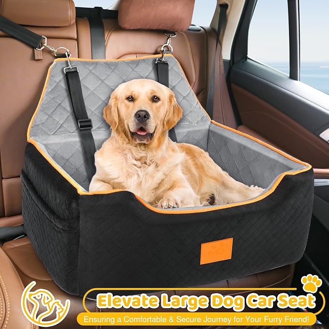 Dog Car Seat for Large/Medium Dog, Booster Seat for Dogs Under 55Lbs or 2 Small, Detachable and Washable Travel Pet Seat with Thick Cushion and Storage Pockets (Black/Gray)-PawvioPets