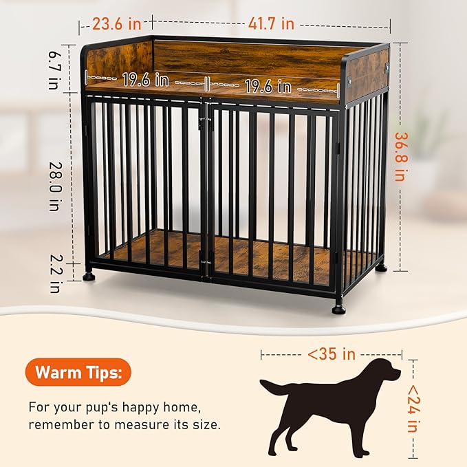 Dog Crate Furniture End Table with Table Guardrail, Heavy Duty Large Dogs Cage, 42 Inch Dog Kennel, Medium Large Dogs House Decorative Pet Crate Indoor-PawvioPets