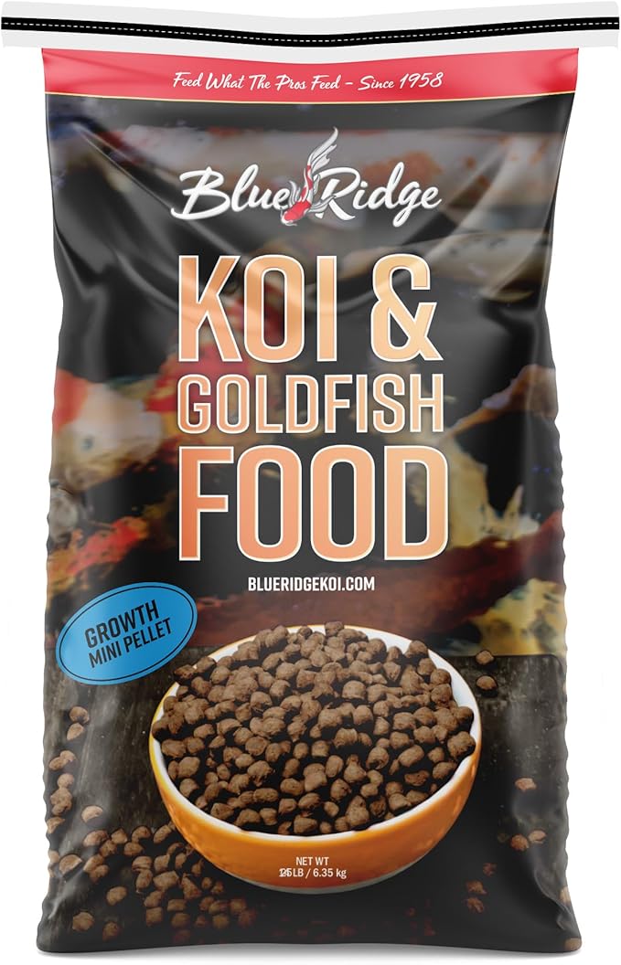 Blue Ridge Koi Fish Food 25lb - Koi Food Mini Growth Formula, Goldfish Food, Premium Fish Food for Ponds, Ponds Fish Food, Floating Pond Pellets-PawvioPets