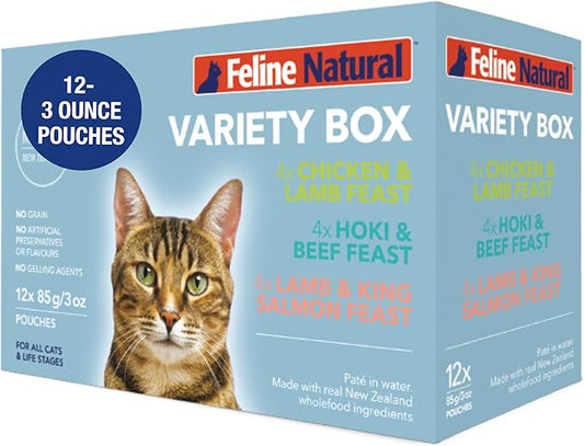 Feline Natural Wet Cat Food Variety Pack - Chicken, Lamb, Salmon & Beef Feast, Grain-Free, 3oz Pouches, New Zealand Made, Assorted Single Serve Pates (12 Pack)-PawvioPets