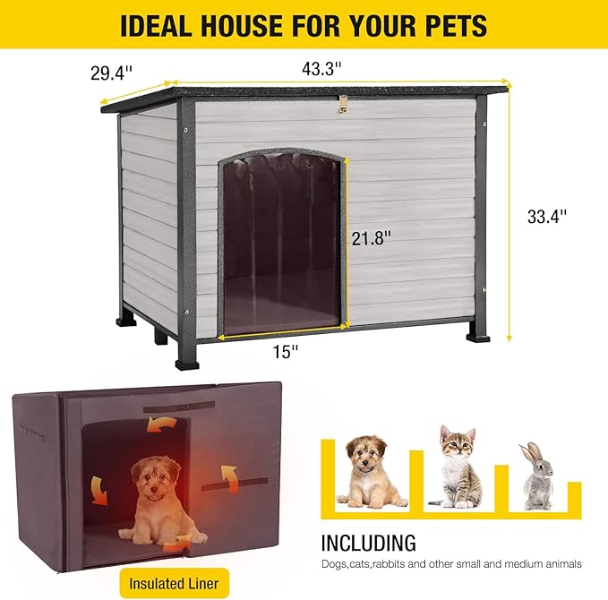 Aivituvin Dog House Outdoor with Insulated Liner, Weatherproof Dog House for Winter, Suitable for Small & Medium & Large Dogs with Unique All-Around Iron Frame(Off-White)-PawvioPets