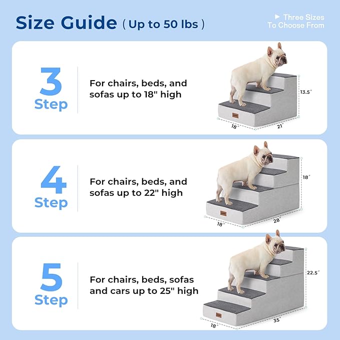 Dog Steps for Couch - Extra Wide Pet Stairs for Small Dogs and Cats, Dog Steps with Non-Slip Bottom Grey 3 Steps, Grey-PawvioPets
