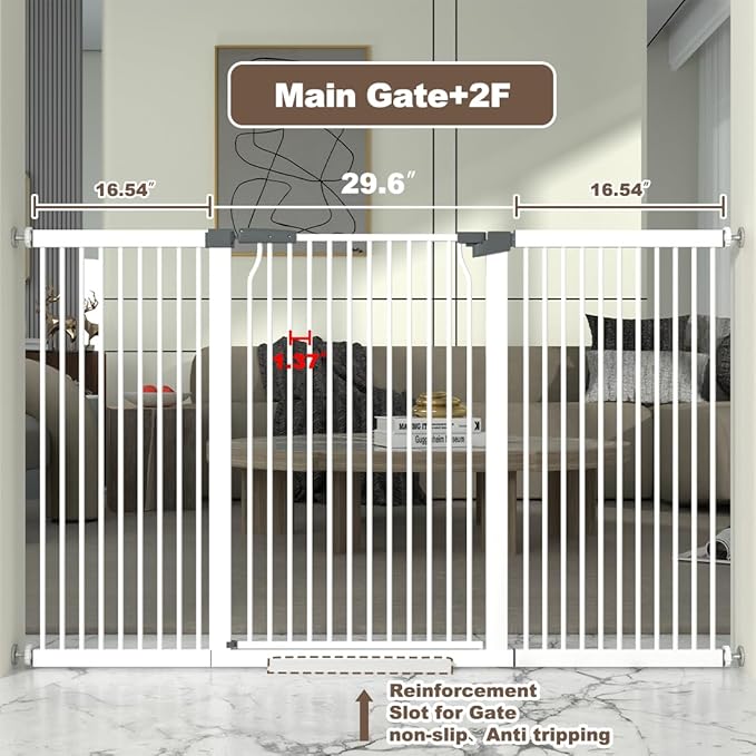 41" Extra Tall and Wide Baby Gate, 63-65.7'' Wide Pet Cat Gate for Doorway, Extra Wide Pressure Mounted Child Door with Expansion Kit, Metal Safe Gate, Tall Dog Gate, White-PawvioPets