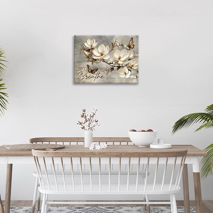 Floral Magnolia Bathroom Pictures Wall Art, Just Breathe Bathroom Wall Decor, Flower Butterfly Framed Painting Canvas Artwork for Bedroom Living Room Decorations 20"L x 16"W-PawvioPets
