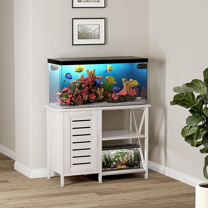 40-50 Gallon Fish Tank Stand, Aquarium Stand with Cabinet Accessories Storage, Heavy Duty Metal Frame, 40.55" L*18.89" W Tabletop, 850LBS Capacity, White PG02YGW-PawvioPets