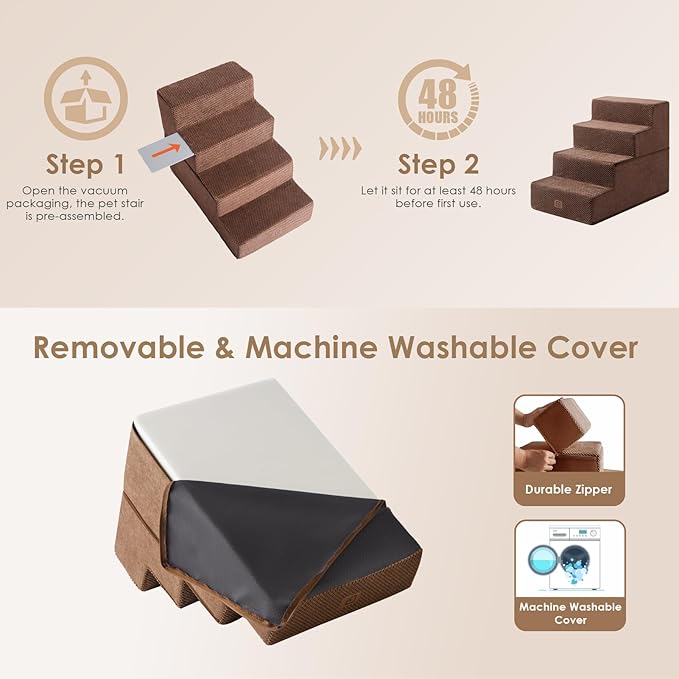 EHEYCIGA Dog Stairs for Bed 18" H, 4-Step Dog Steps for High Bed, Pet Steps for Small Dogs and Cats, Non-Slip Balanced Pet Indoor Ramp, Brown-PawvioPets