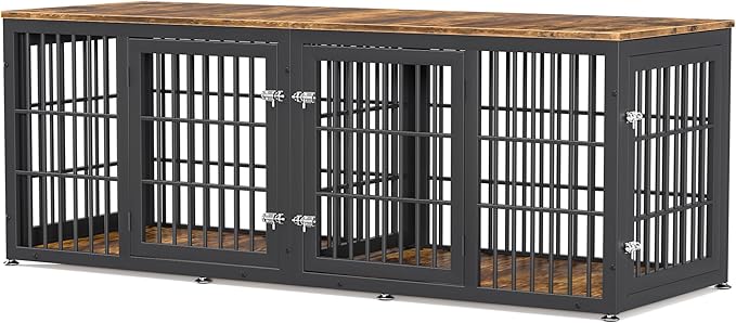 78 Inch Double Dog Crate Furniture, Heavy Duty Extra Large Cage Furniture with Divider for 2 Dogs, Decorative Wooden Kennel Furniture Indoor, Metal Pet House for Large and Medium Dogs-PawvioPets