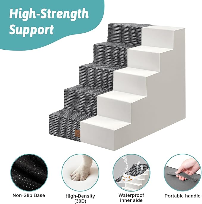 Dog Stairs for Small Dogs, 5 Tier Wider Pet Stairs for High Beds, 23.6" H Non-Slip Dog Steps for Old Cats, Puppies, Small Medium Dogs, 29.5x19.7x23.6 inch, Dark Grey-PawvioPets